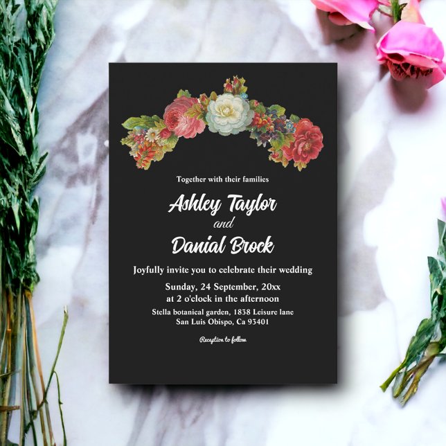 Rustik Svart | Akvarell Blommig | Elegant Bröllop Inbjudningar (Skapare uppladdad)