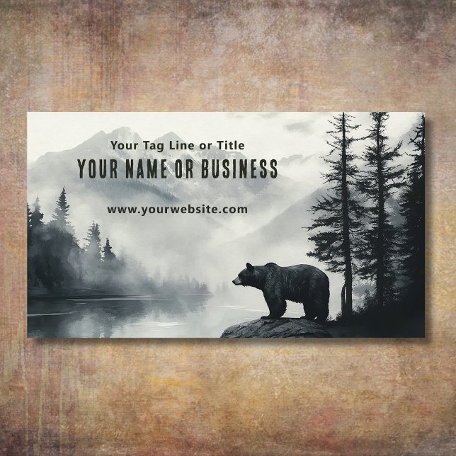 Rustik Svart Björn Berg Skog Vildmark Visitkort (Rustic Black Bear Mountain Forest Wilderness Business Card Front)