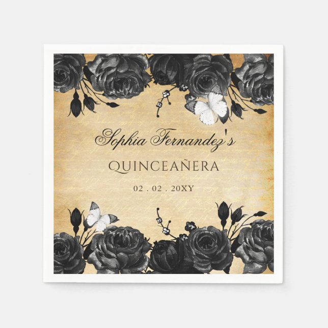 Rustik Svart Blommig Fjäril  Pappersservett (Framsidan)