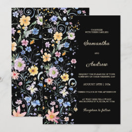 Rustik svart bröllopsmall för vilda blommor inbjudningar