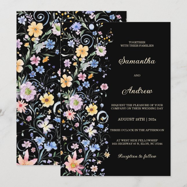 Rustik svart bröllopsmall med vilda blommor Mall (Fram/baksida)