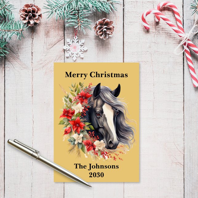 Rustik, svart, grym, Helgdag Julkort (Rustic Flat Black Christmas Horse Wreath Holiday Card)