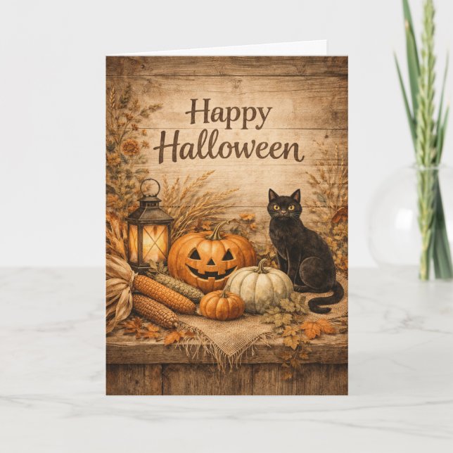 Rustik Svart Katt Majs Halloween Kort (Framsida)