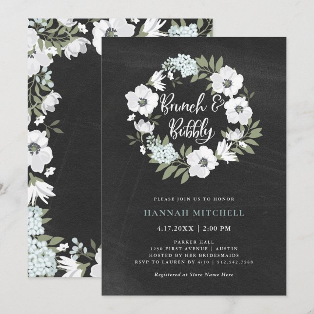 Rustik, svart och vit Blommigt| Brunch och Bubly Inbjudningar (Fram/baksida)