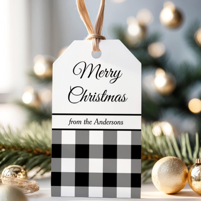 Rustik, svart och vit, grym jul presentetikett (Rustic Black And White Plaid Christmas Gift Tags)
