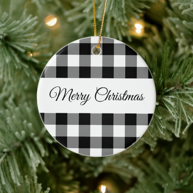 Rustik Svart Och Vit Rutig God Jul Julgransprydnad Keramik (Träd)