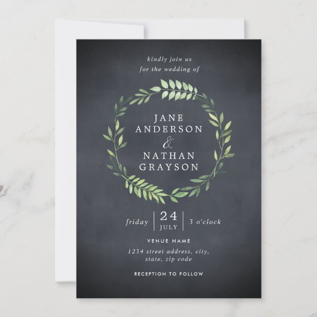 Rustik svart tavla blad krans bröllopsinbjudan inbjudningar (Framsida)