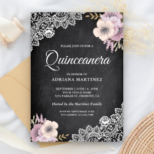 Rustik svart tavla spets rosa blomster Quinceanera Inbjudningar