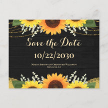 Rustik svart trä solros bröllop Save the Date