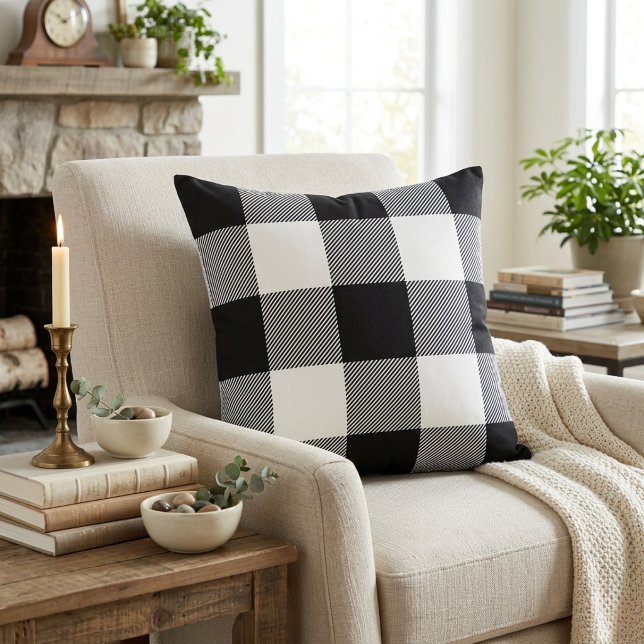 Rustik svart-vit buffelkaror lantlig stuga kudde (Modern Farmhouse Black and White Buffalo Plaid Throw Pillow.  A cozy addition to your home decor.)