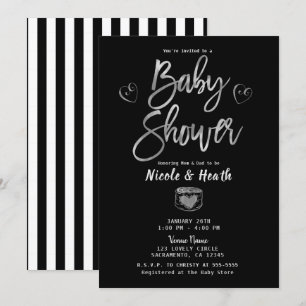 Rustik svart-vit-randig och silver baby shower inbjudningar