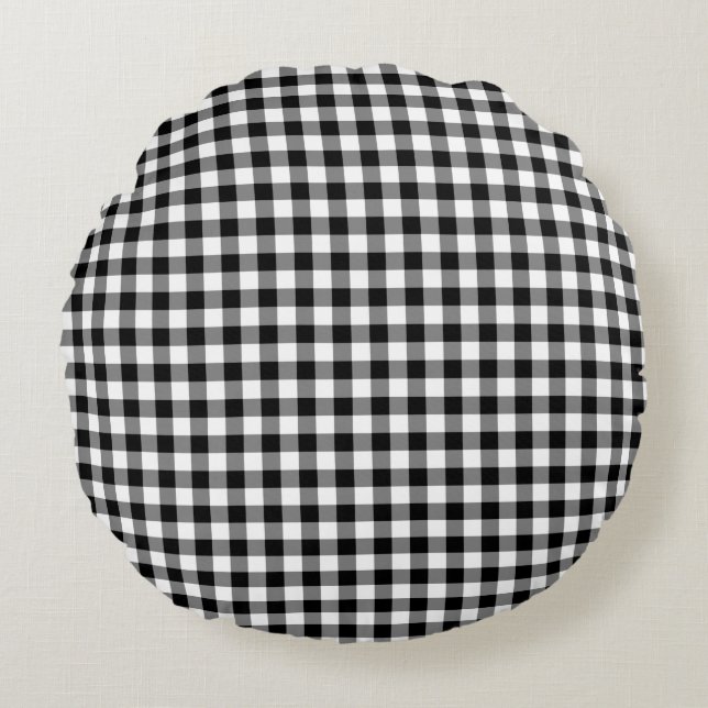 Rustik svart-vit rutig gingham-mönster rund kudde (Framsidan)