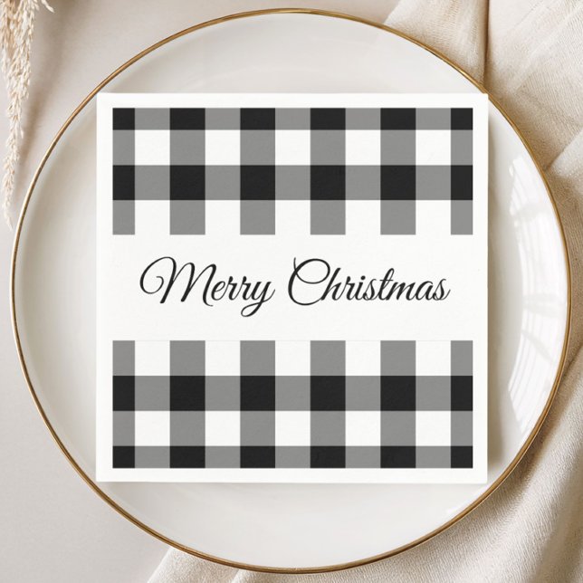 Rustik svart-vit-rutig God Jul Pappersservett (Rustic Black And White Plaid Merry Christmas Napkins
)