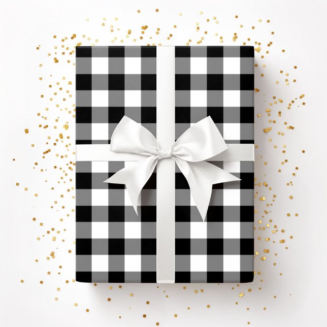 Rustik Svart & Vit Rutig Mönster för Bondgård Presentpapper (Rustic Farmhouse Black & White Checked Pattern Wrapping Paper)