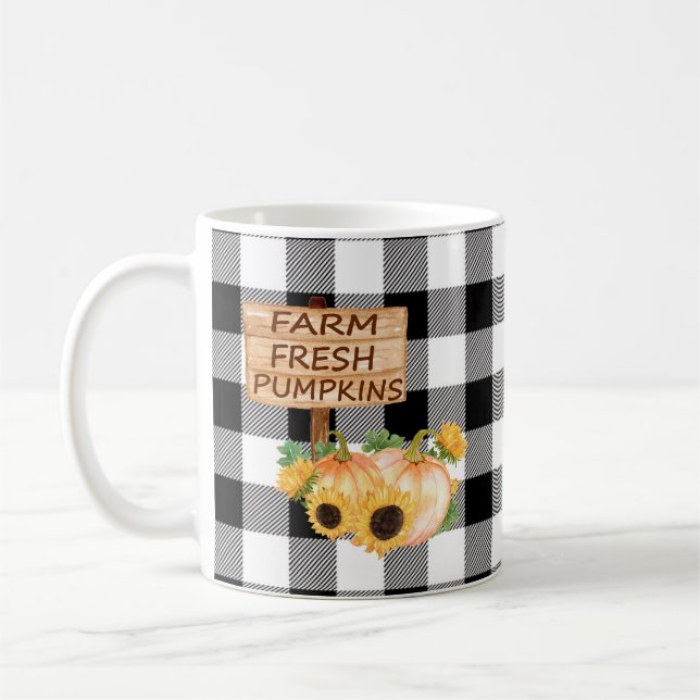 Rustik svart-vit rutig mönster med höstpumpor kaffemugg (Vänster)