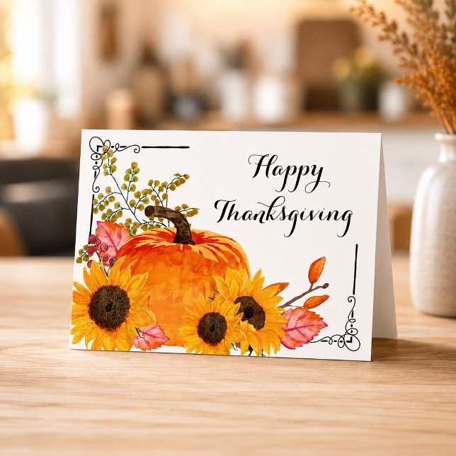 Rustik Tacksägelse-pumpa Solros Kort (Watercolor Pumpkins Thanksgiving Card)