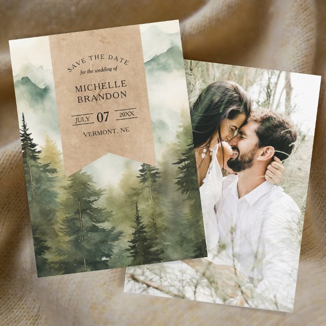 Rustik Tallbergsnatur Äventyr Foto Spara Datumet (foggy mountains watercolor)