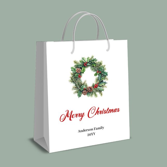 Rustik tallkrans julklappspåse anpassningsbar (Rustic pine wreath Christmas gift bag custom)