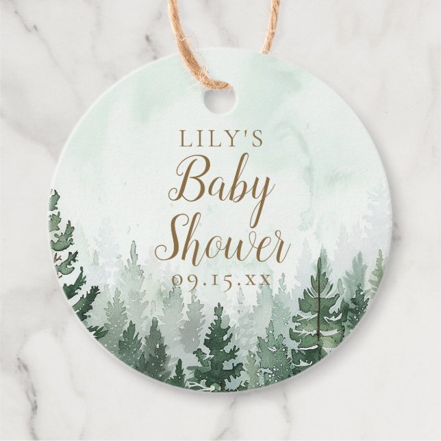 Rustik tallskogs Baby Shower Gåvor Etiketter (Framsida)