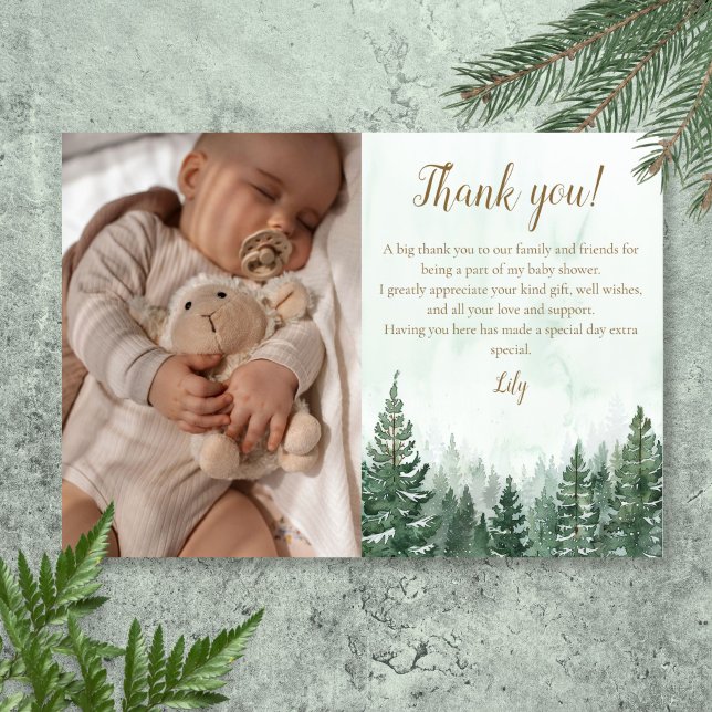 Rustik tallskogs-babyshowerfoto tack kort (Rustic Pine Tree Forest Baby Shower Photo Thank You Card)