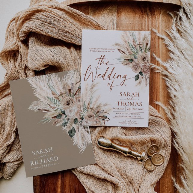 Rustik Tan Höst Boho Bröllopsinbjudan Kort (Desert Fall Wedding Invite Template Printable | Neutral Beige Terracotta Pampas)
