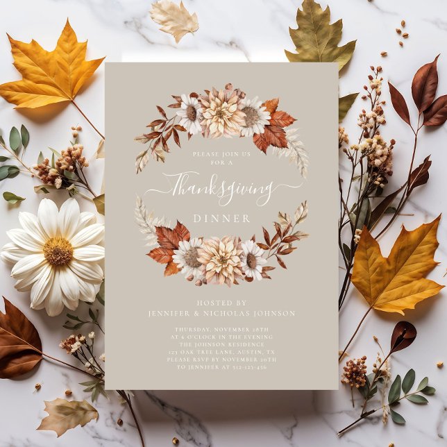 Rustik Taupe Höstblomma Tackgivningsmiddag Inbjudningar (Rustic Taupe Fall Floral Thanksgiving Dinner Invitation)