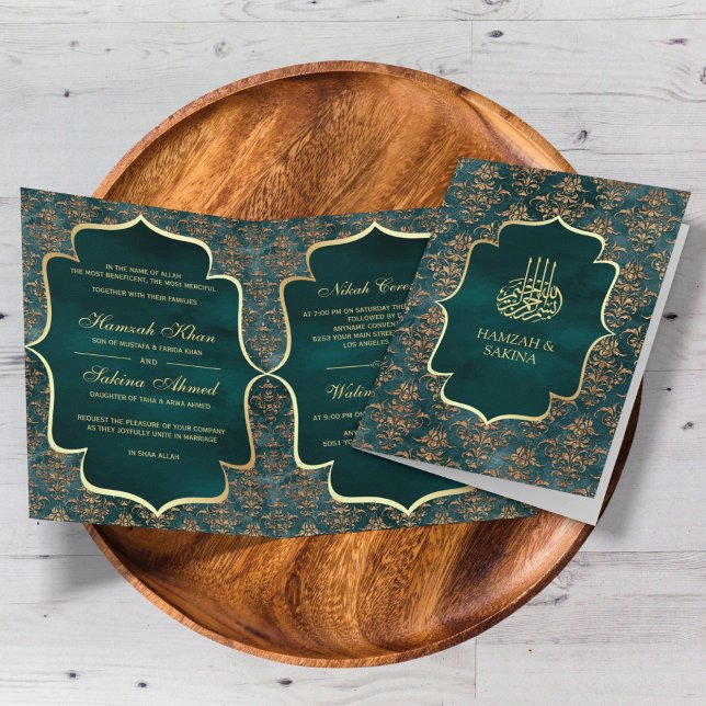 Rustik Teal Guld Damast Muslimsk Bröllop Inbjudan (Skapare uppladdad)