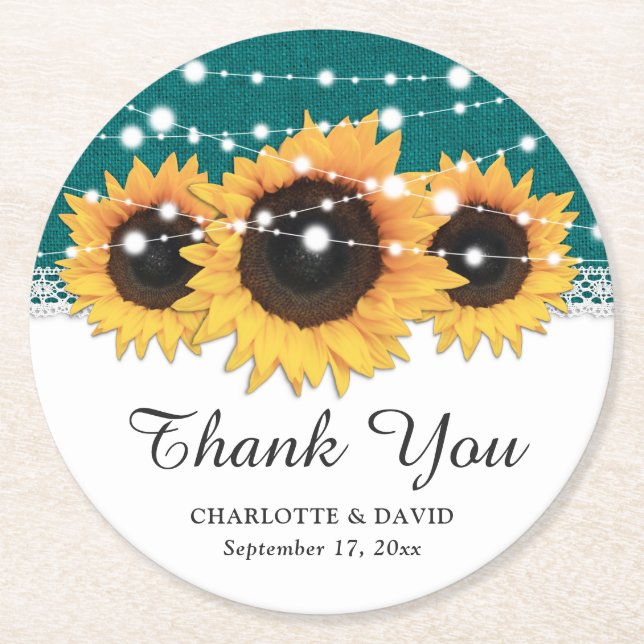 Rustik Teal Linneduk Solbröllop Underlägg Papper Rund (Framsidan)