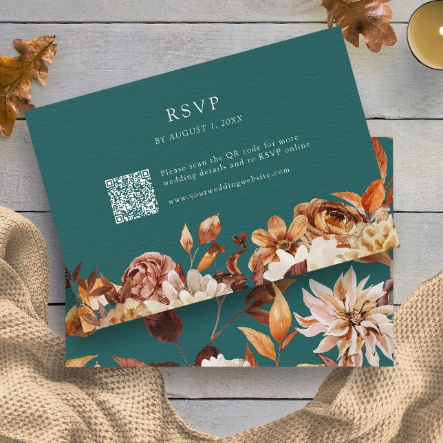 Rustik Teal OSA Kort (Rustic Fall Leaves Floral Teal RSVP Card QR Code by Painted Paperie
)
