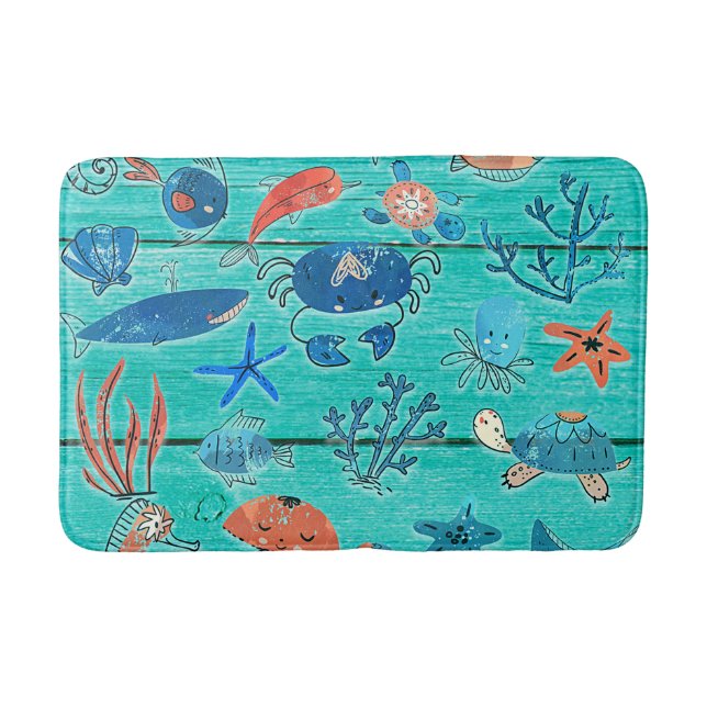 Rustik Teal Trä & Under Havet Vänner Whimsical Badrumsmatta (Framsidan)