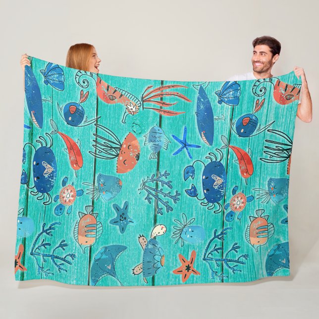 Rustik Teal Trä & Under Havet Vänner Whimsical Fleecefilt (På plats)