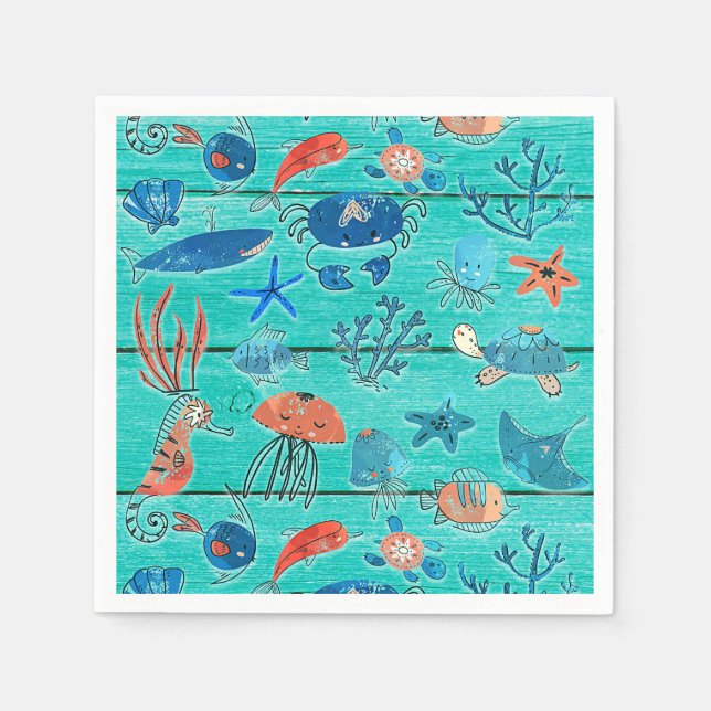 Rustik Teal Trä & Under Havet Vänner Whimsical Pappersservett (Framsidan)