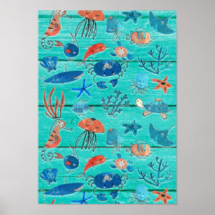 Rustik Teal Trä & Under Havet Vänner Whimsical Poster