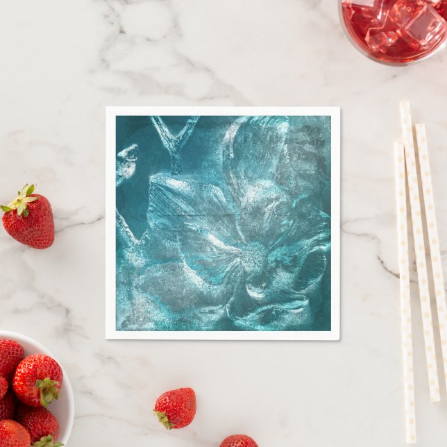 Rustik Teal Vit Blommönster Glitter Gnistrande  Pappersservett (Insitu)