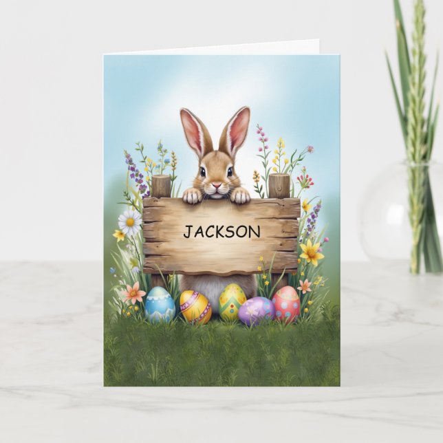 Rustik teckenbunny i gräs med Påskägg Kort (Framsida)