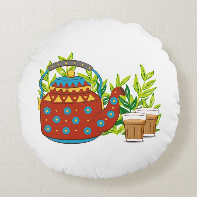 Rustik Tekanna Cute Trendig Modern Mugg Rund Kudde (Framsidan)