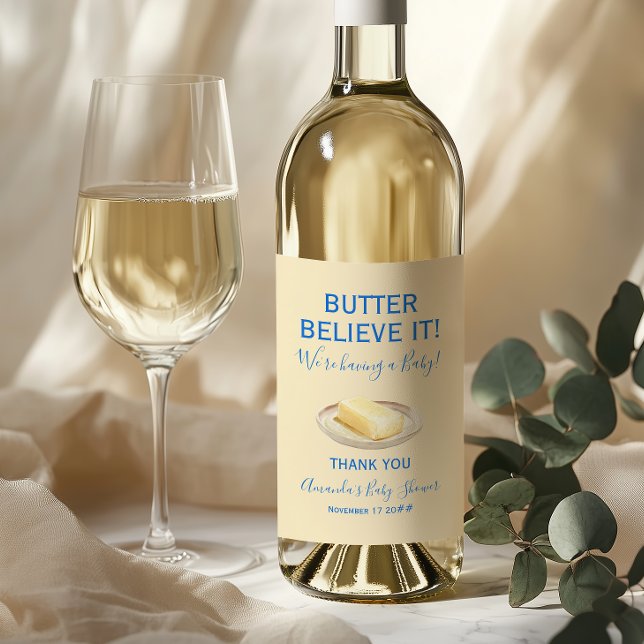Rustik tema smör gul blå baby shower vinflaska etikett (Skapare uppladdad)