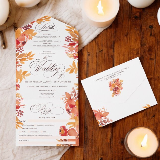 Rustik terracotta faller blommigtens kalligrafi br (Rustic terracotta fall floral calligraphy wedding all in one invitation)