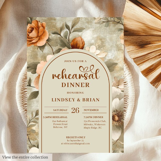Rustik Terrakotta Beige Oliv Blommig Rehearsal  Inbjudningar (Rustic Terracotta Beige Olive Floral Rehearsal Invitation)