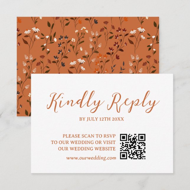 Rustik Terrakotta Blommig Bröllops QR-kod RSVP-kor OSA Kort (Fram/baksida)