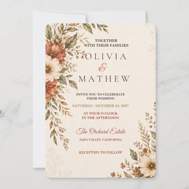 Rustik Terrakotta Blommig Bröllopsinbjudan | Bota Inbjudningar (Framsida)