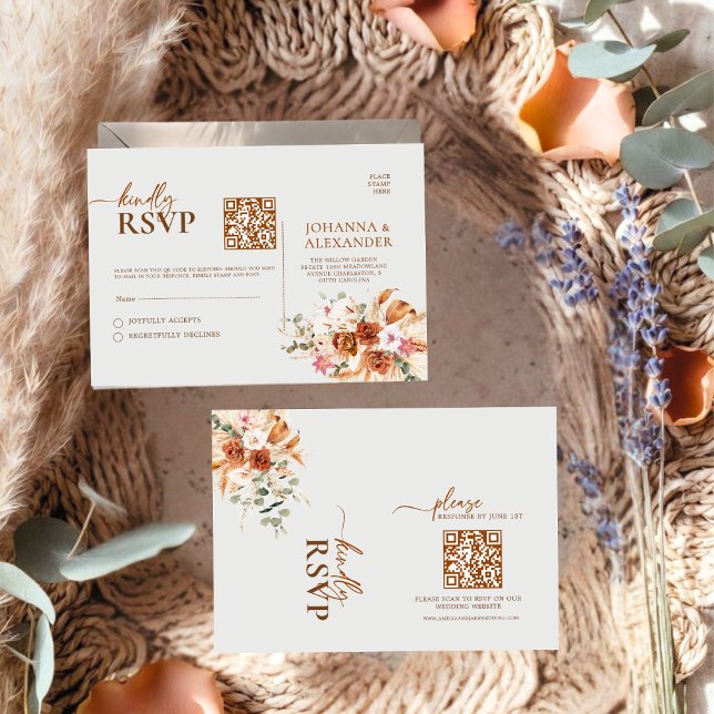 Rustik Terrakotta & Blush Blommig QR-kod RSVP-kort OSA Kort (Skapare uppladdad)