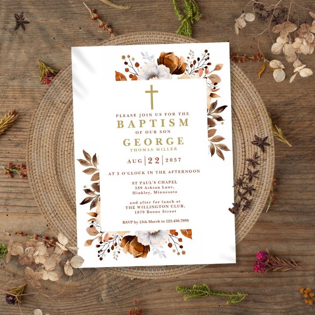 Rustik Terrakotta Boho Blommig Modern Dop Inbjudningar (Rustic Terracotta Boho Floral Modern Baptism Invitation)