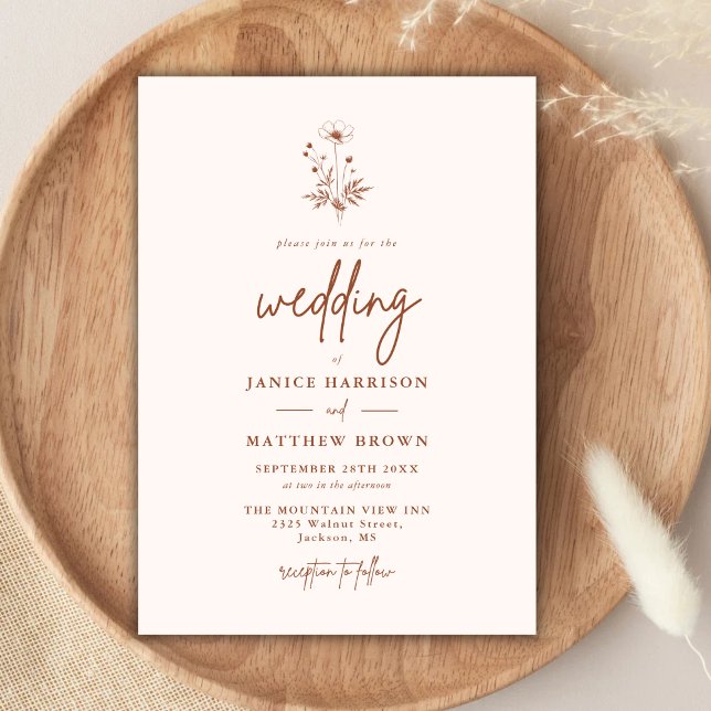 Rustik Terrakotta Bröllop med Vilda Blommor i Boho Inbjudningar (Rustic wildflower terracotta boho wedding invitation sets a warm, personalized tone for your day)