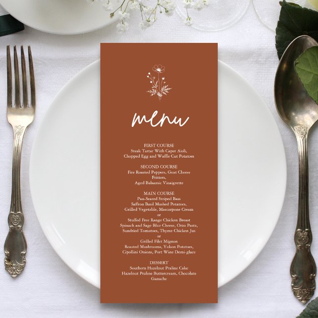Rustik Terrakotta Bröllop med Vilda Blommor i Boho Meny (Rustic wildflower terracotta boho wedding menu enhances tables with warm personalized charm)