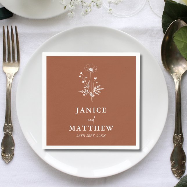 Rustik Terrakotta Bröllop med Vilda Blommor i Boho Pappersservett (Rustic wildflower terracotta boho wedding napkins add charm and a personal touch to tables)