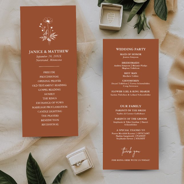 Rustik Terrakotta Bröllopsprogram med Vilda Blommo (Rustic wildflower terracotta boho wedding program brings warm charm to your ceremony details)