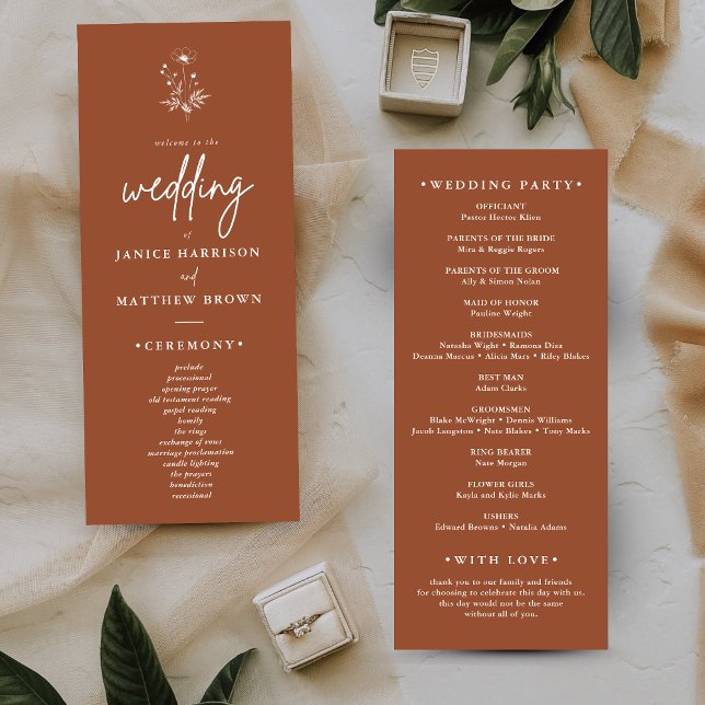 Rustik Terrakotta Bröllopsprogram med Vilda Blommo (Rustic wildflower terracotta boho wedding program adds warm personalized charm to your ceremony)