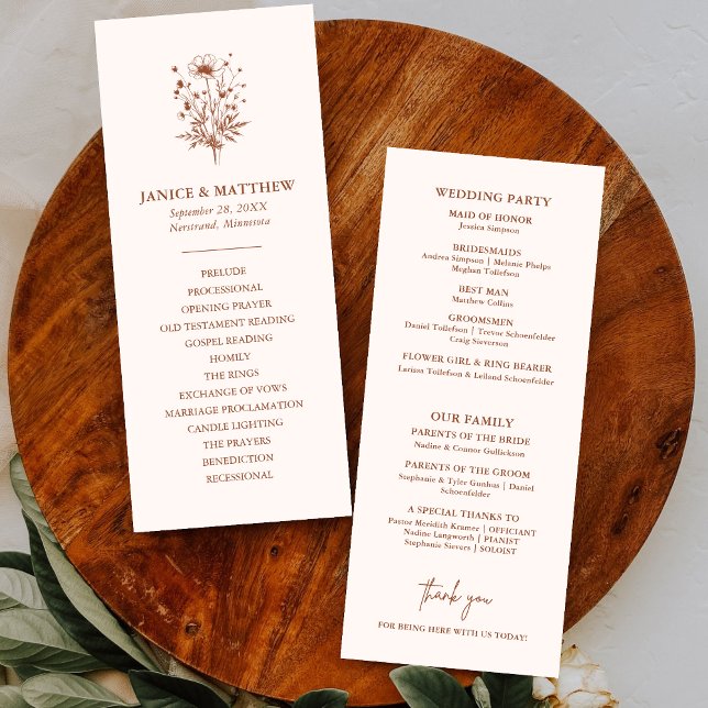 Rustik Terrakotta Bröllopsprogram med Vilda Blommo (Rustic wildflower terracotta boho wedding program adds warm charm to your ceremony style)