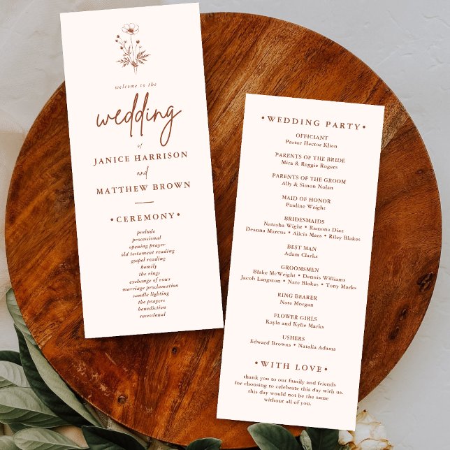 Rustik Terrakotta Bröllopsprogram med Vilda Blommo (Rustic wildflower terracotta boho wedding program adds earthy charm to your ceremony moments)